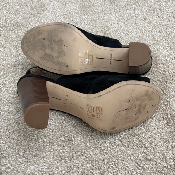 Dolce Vita Black Suede Slingback Peep Toe Mule Heels Y2K Style Boho - Picture 7 of 8